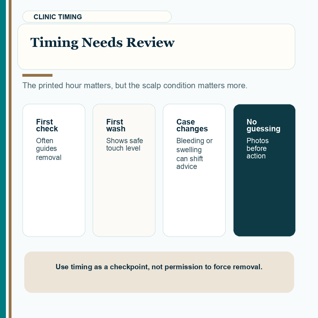 Slide 2 of 10 showing timing needs review guidance for bandage handling after hair transplant.