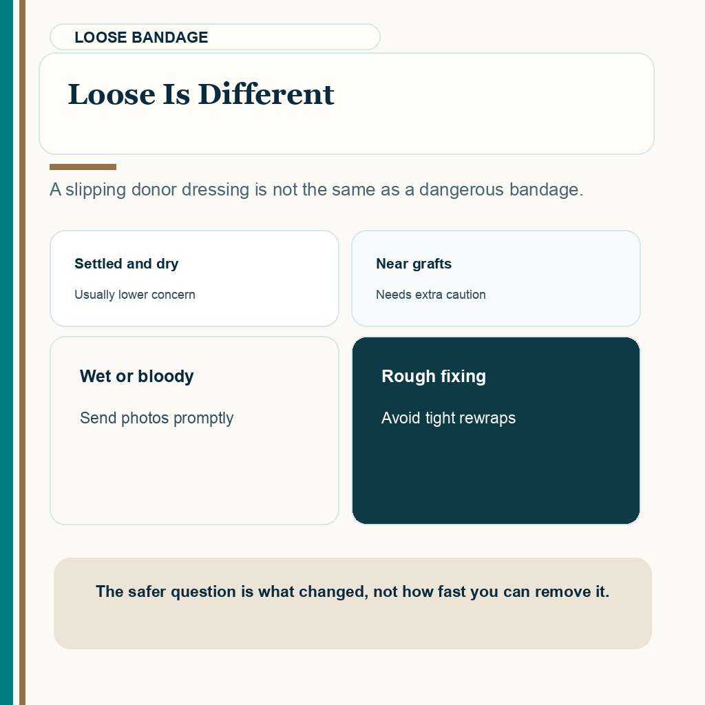 Slide 3 of 10 showing loose is different guidance for bandage handling after hair transplant.