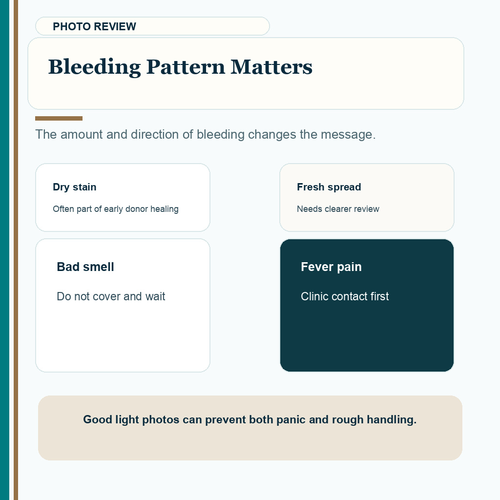 Slide 7 of 10 showing bleeding pattern matters guidance for bandage handling after hair transplant.