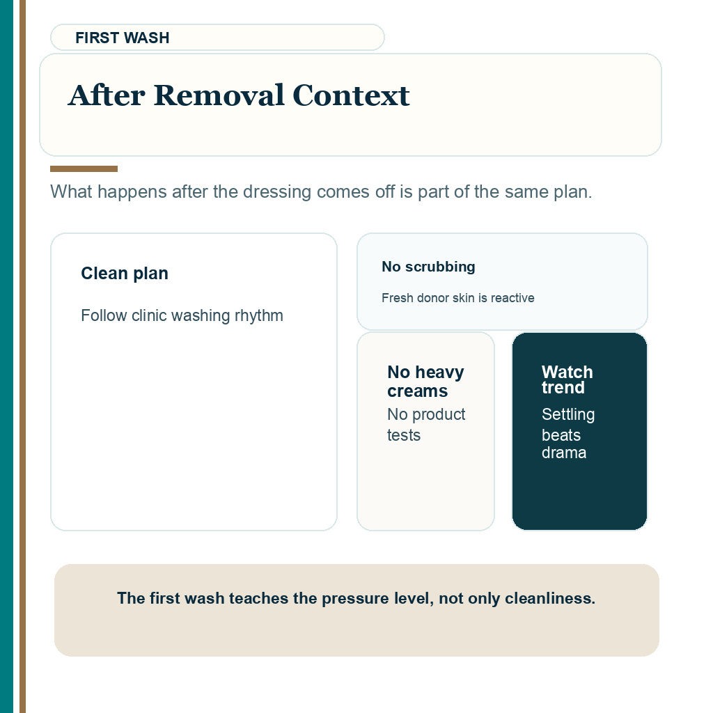 Slide 8 of 10 showing after removal context guidance for bandage handling after hair transplant.