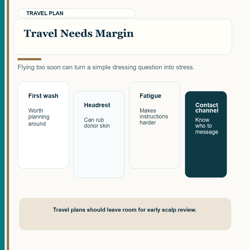 Slide 9 of 10 showing travel needs margin guidance for bandage handling after hair transplant.