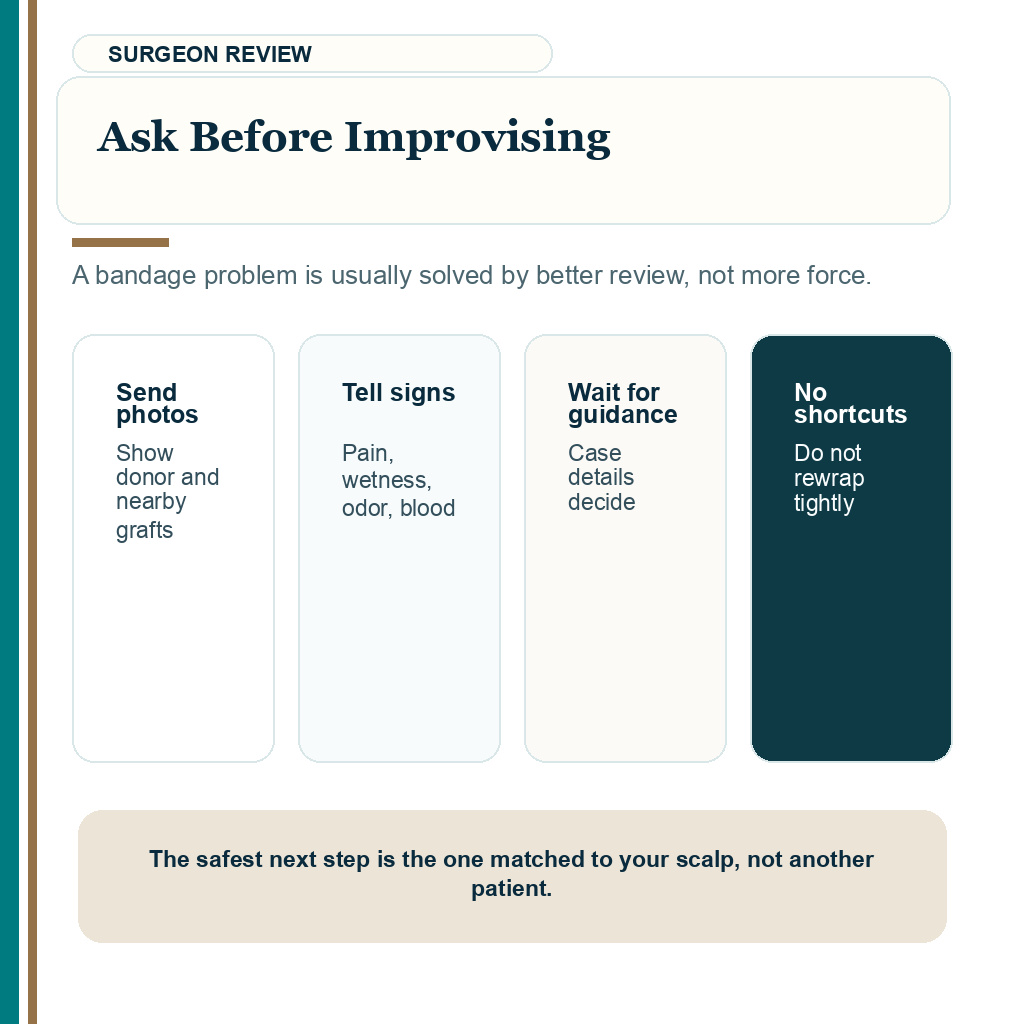 Slide 10 of 10 showing ask before improvising guidance for bandage handling after hair transplant.