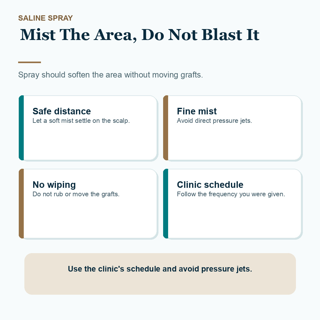 Support card explaining safe saline spray technique after hair transplant.