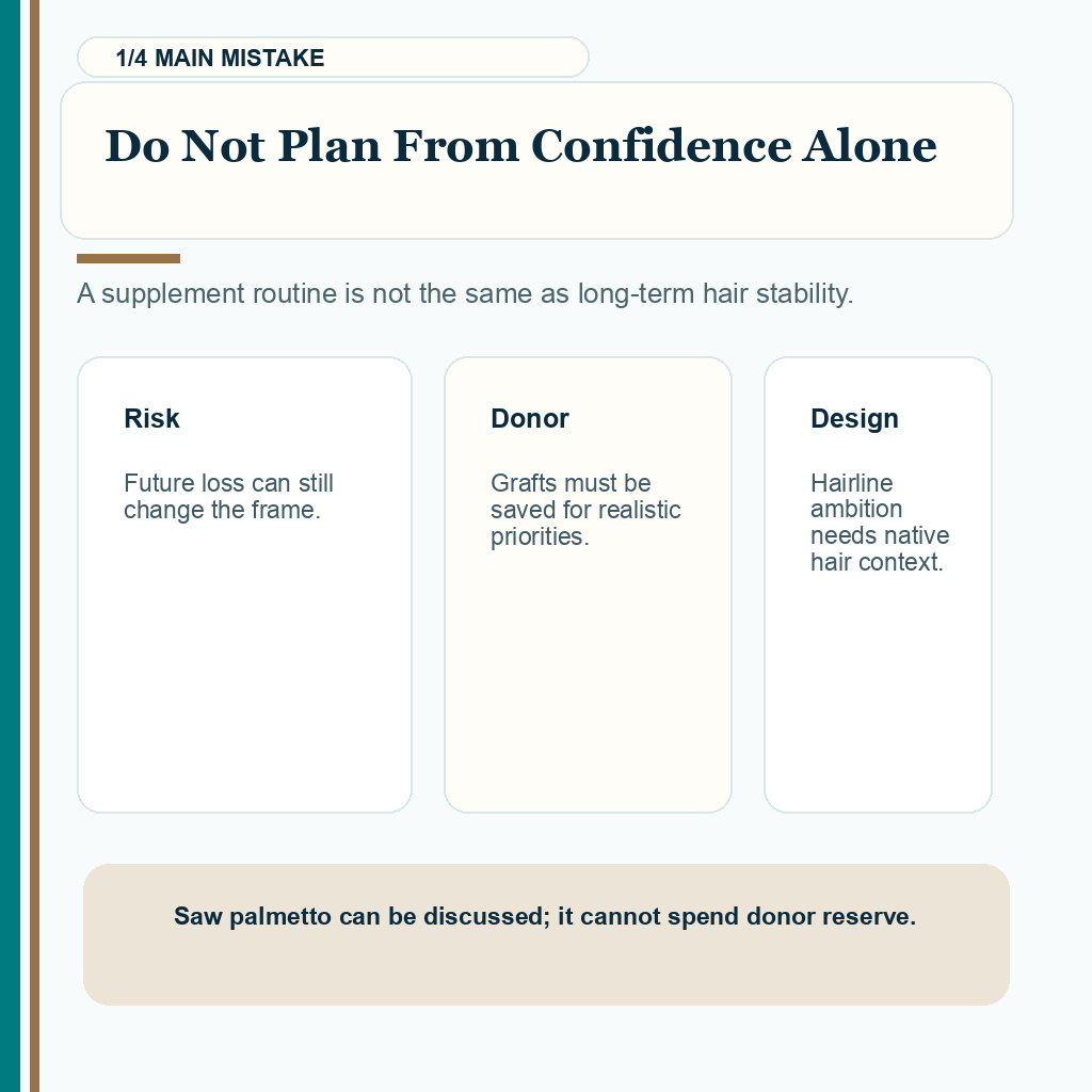 Saw palmetto carousel slide 1 explaining that supplement use should not justify an aggressive FUE plan.