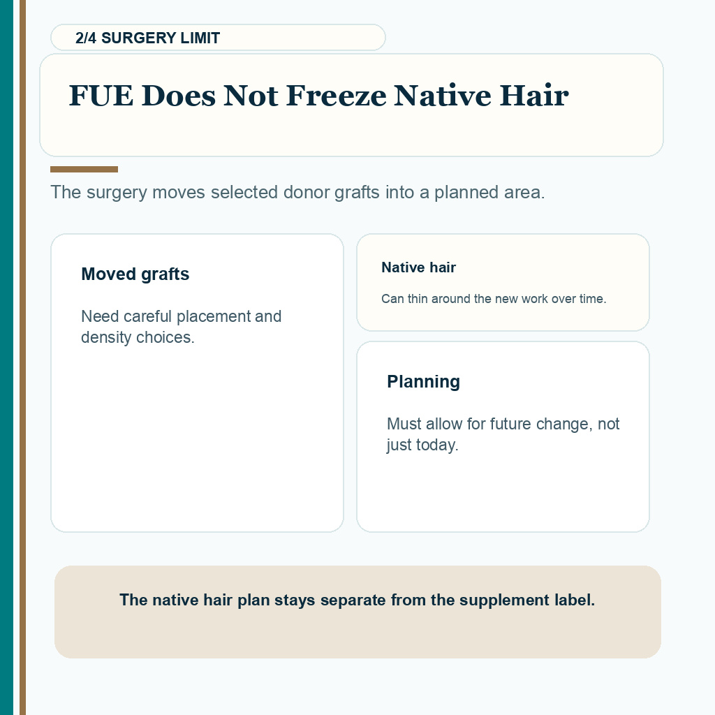 Saw palmetto carousel slide 2 explaining that FUE moves donor hair but does not stop native hair thinning.