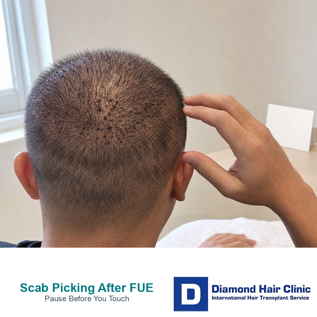 Private FUE patient pausing before touching scabs