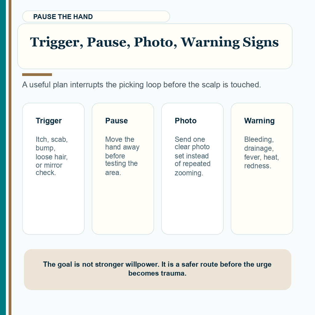 FUE scab picking prevention visual showing trigger pause photo and warning signs