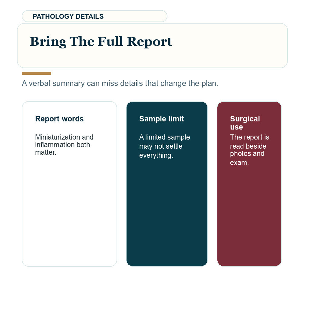 Scalp biopsy before hair transplant visual reminding patients to bring the full report