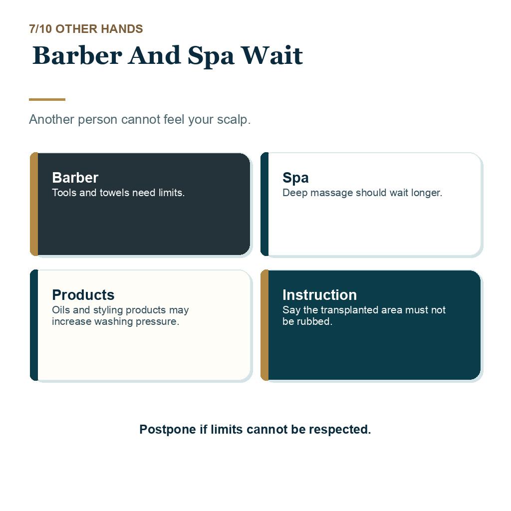 Scalp massage after hair transplant, barber and spa wait.