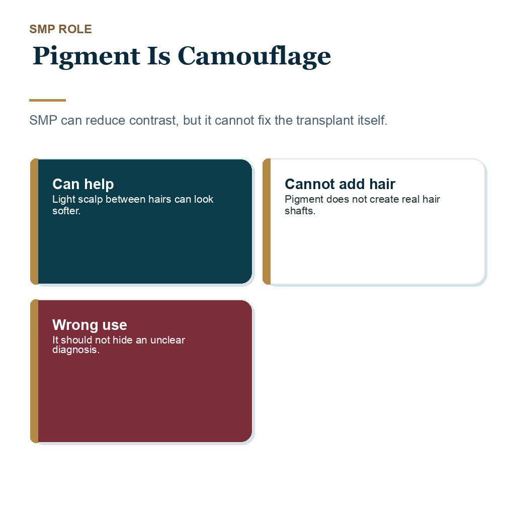 Scalp micropigmentation after a thin hair transplant planning about pigment as camouflage