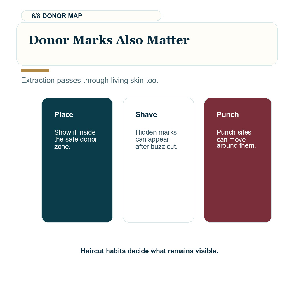 Scalp mole review before FUE surgery carousel slide 6 about Donor Marks Also Matter