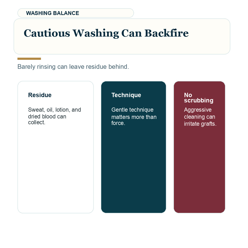 Scalp odor FUE recovery support visual about cautious washing can backfire