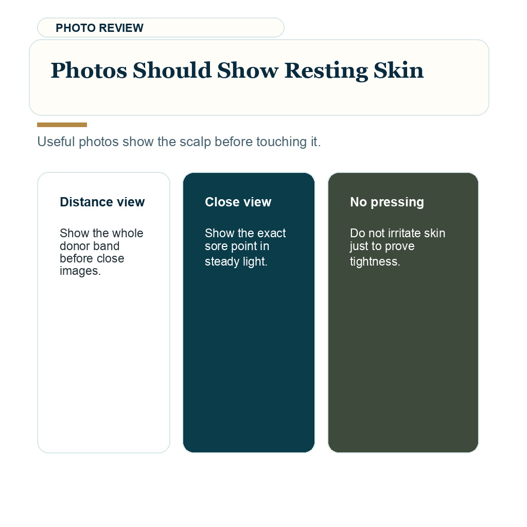 Information card explaining photos should show resting scalp skin after FUE