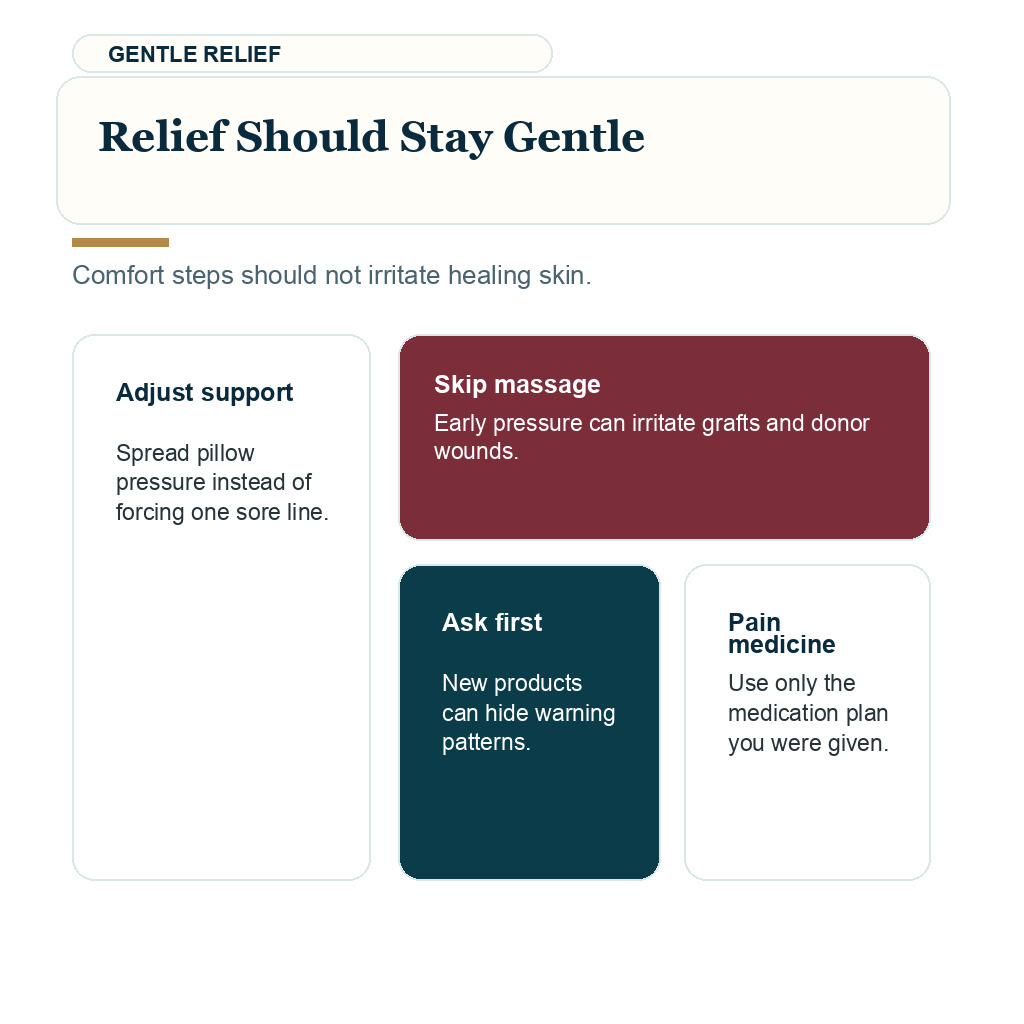Information card explaining gentle relief for scalp tightness after FUE