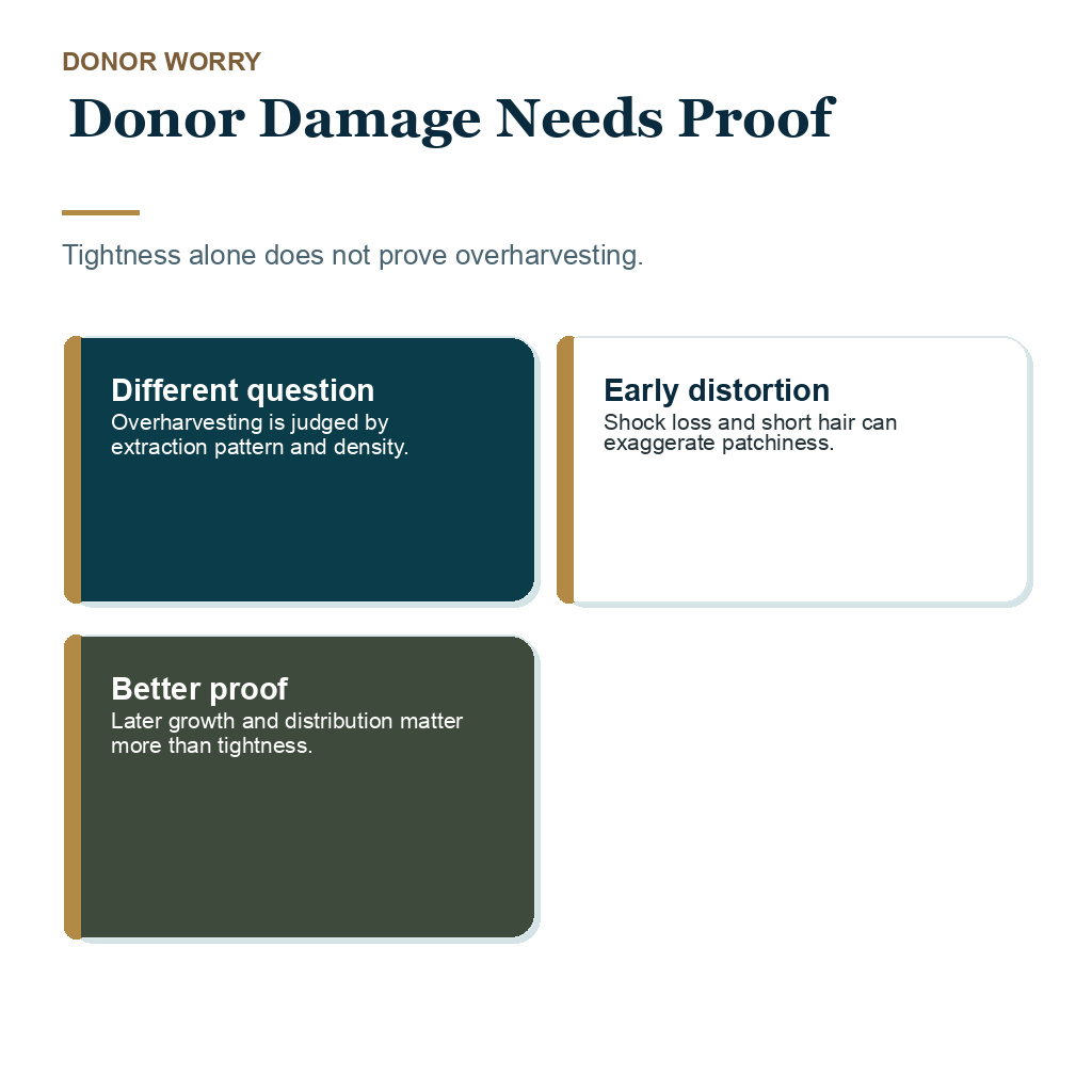 Information card explaining donor damage needs clinical proof after FUE