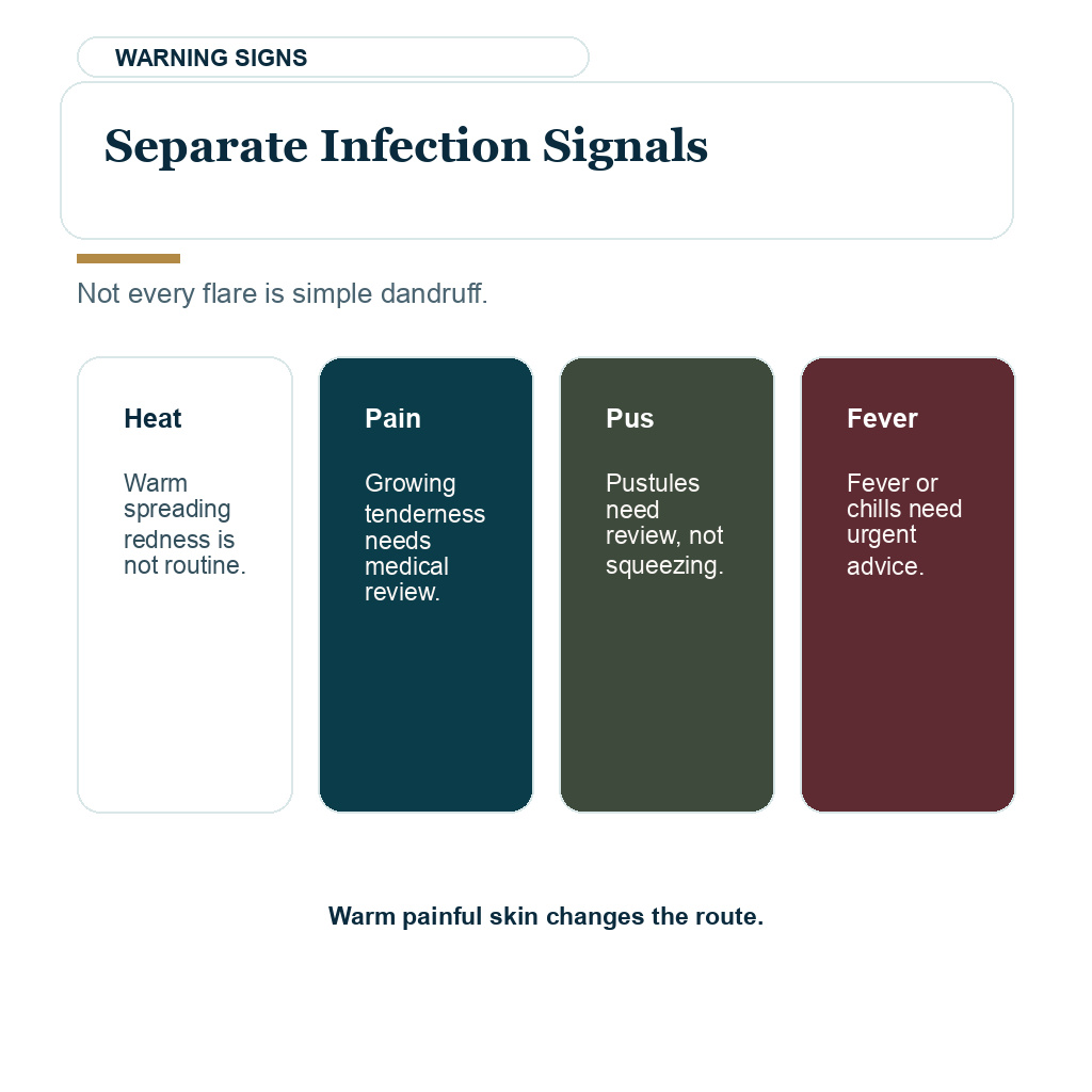 Redness pain crusting or pus should be separated from ordinary seborrheic scale before surgery