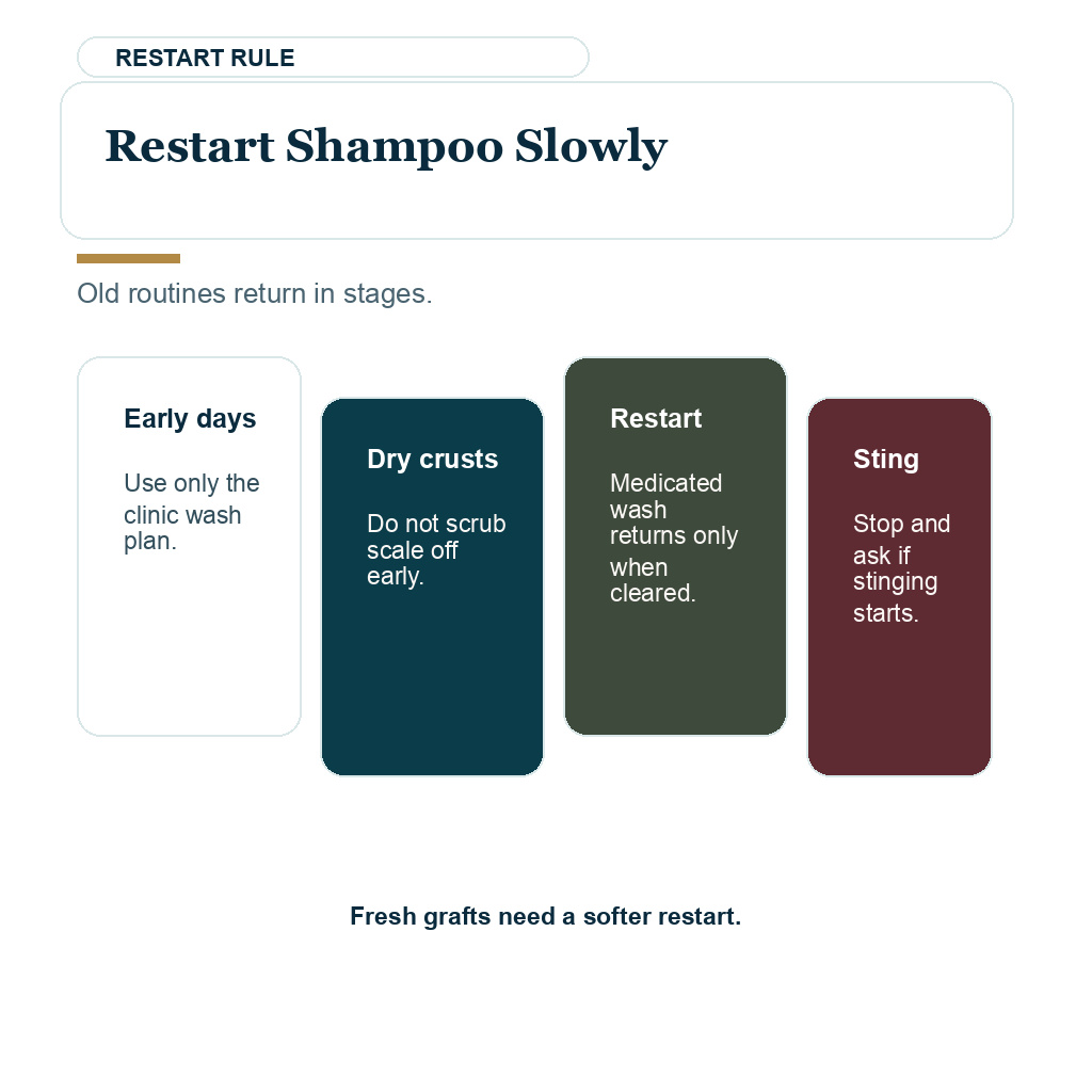 Medicated shampoo restart after hair transplant should be timed around graft safety and scalp irritation