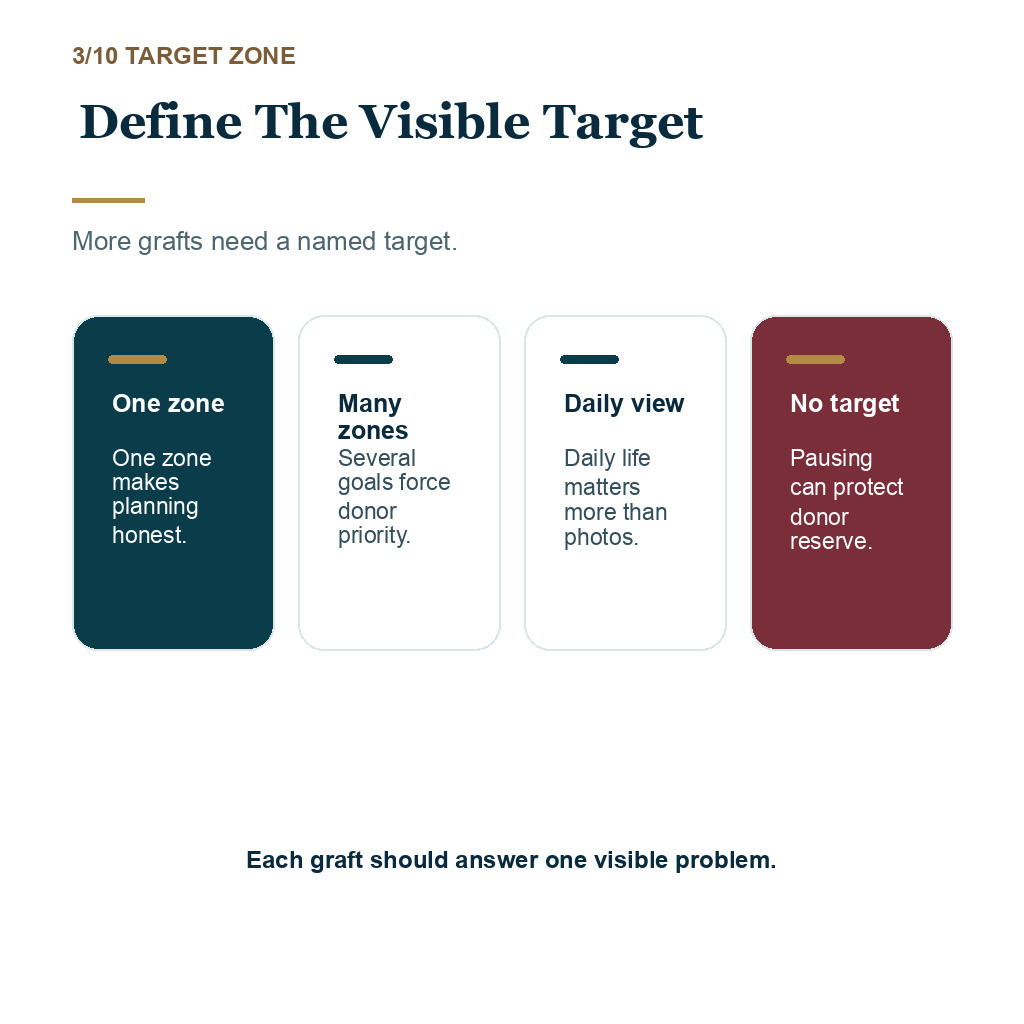 Second hair transplant, define the visible target.