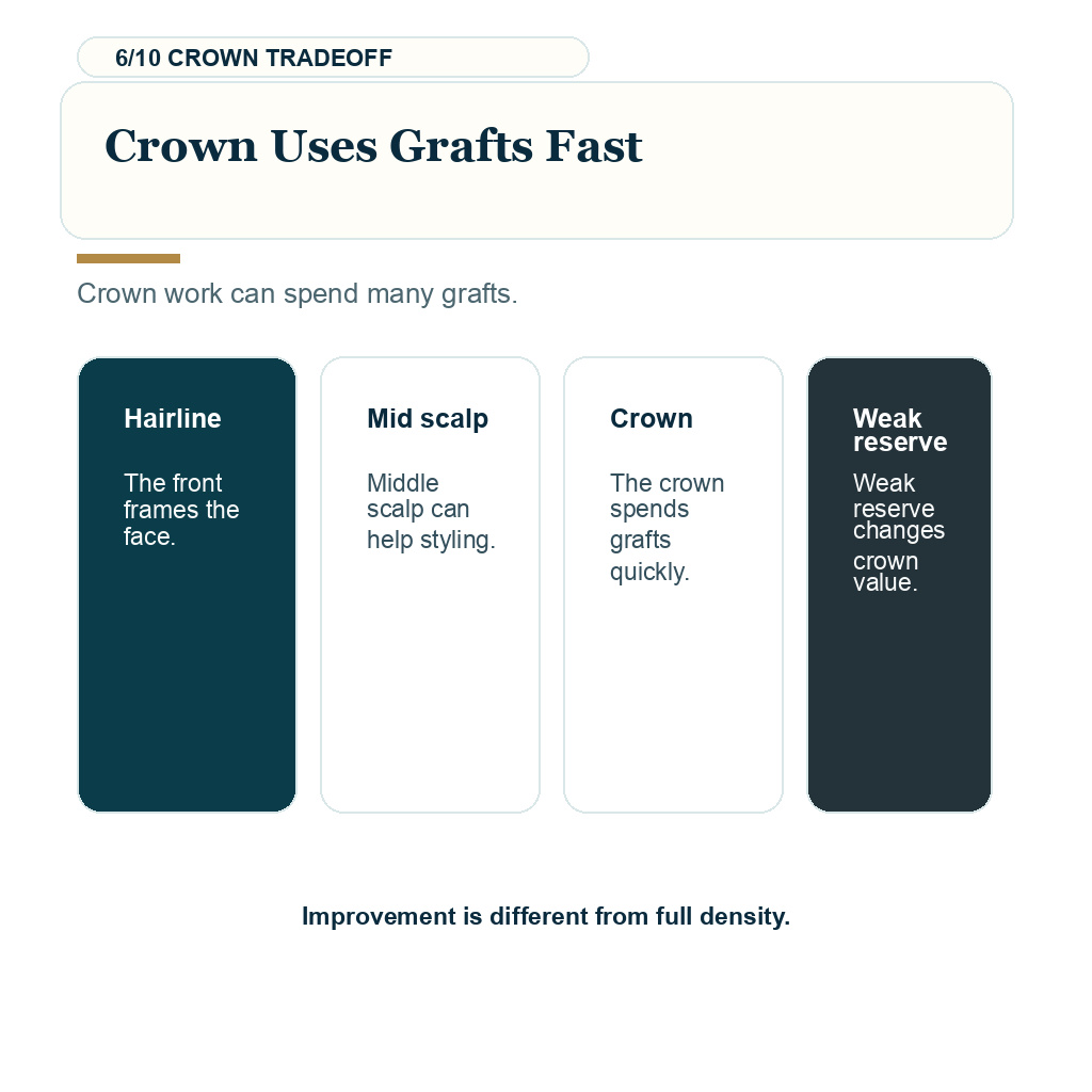 Second hair transplant, crown uses grafts fast.