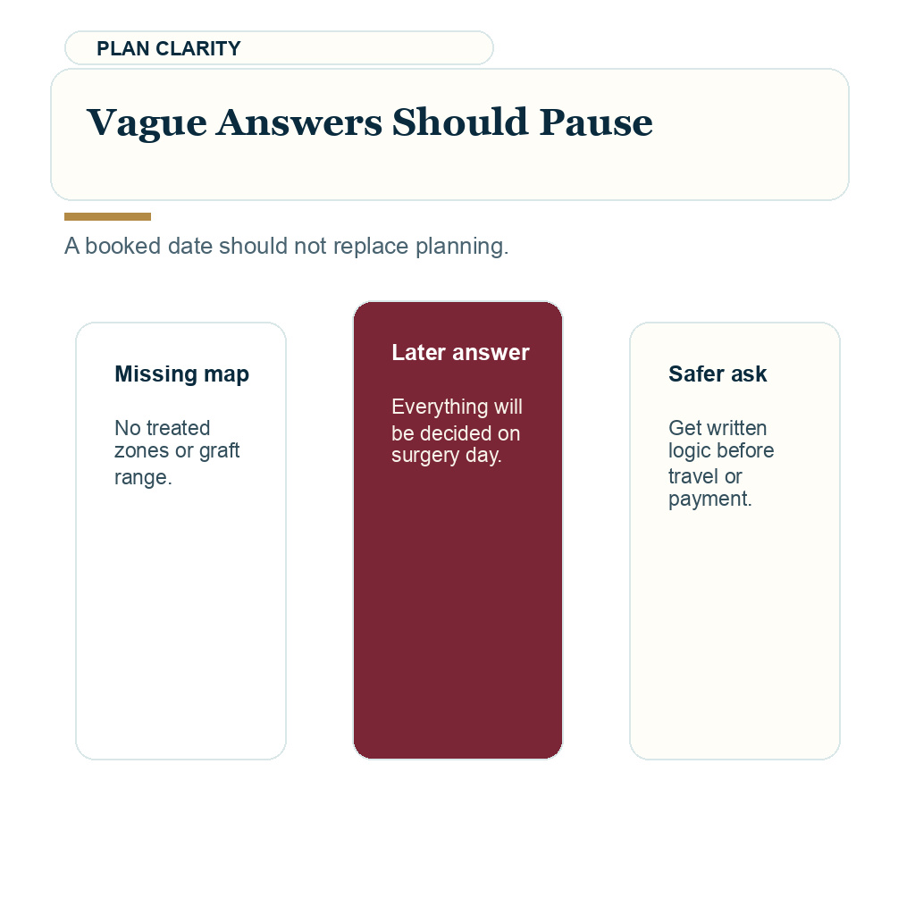 Second thoughts before hair transplant support visual about vague answers should pause