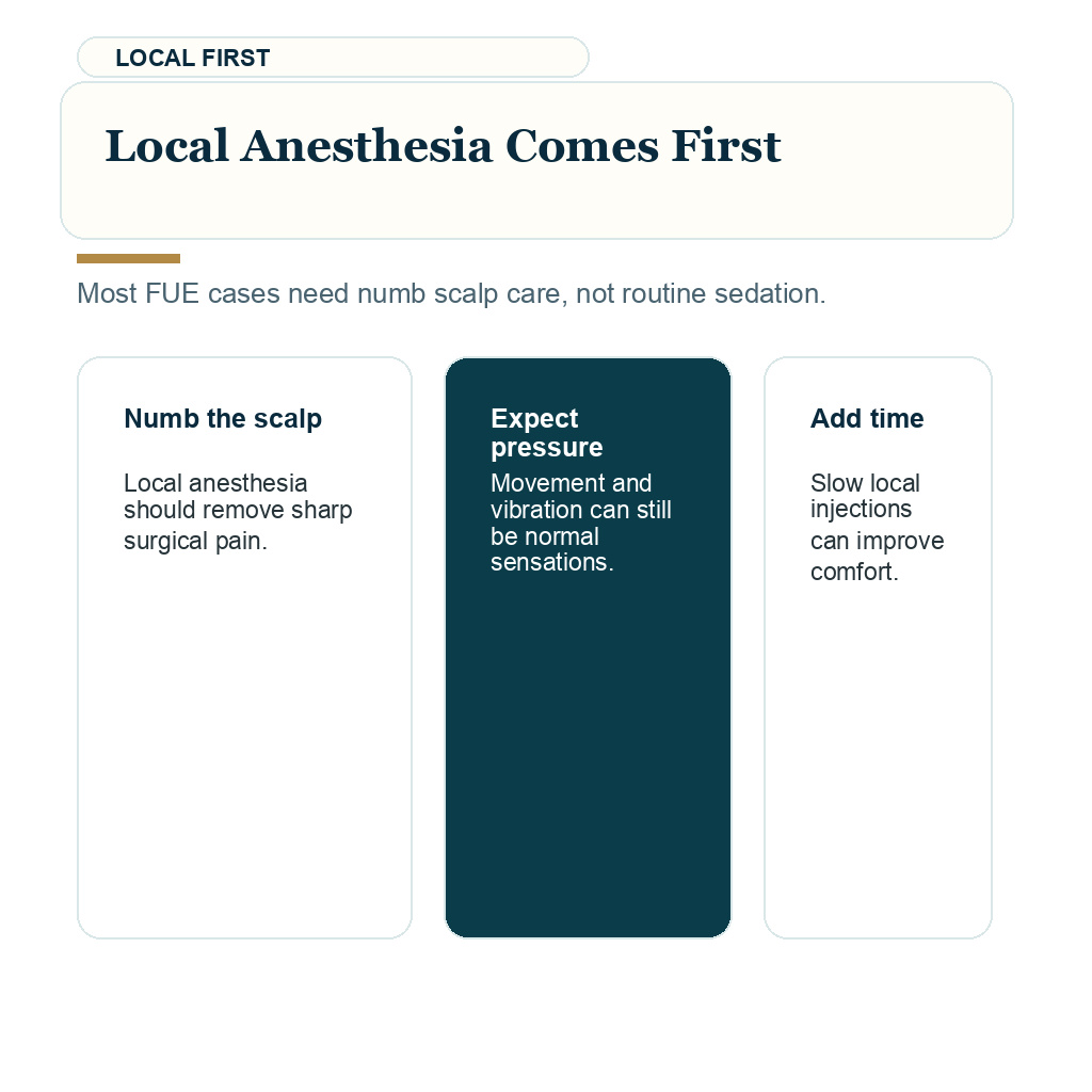 Information card explaining local anesthesia comes first during hair transplant sedation planning