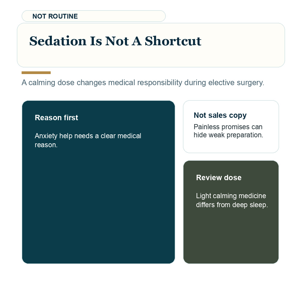 Information card explaining sedation is not a shortcut during hair transplant surgery