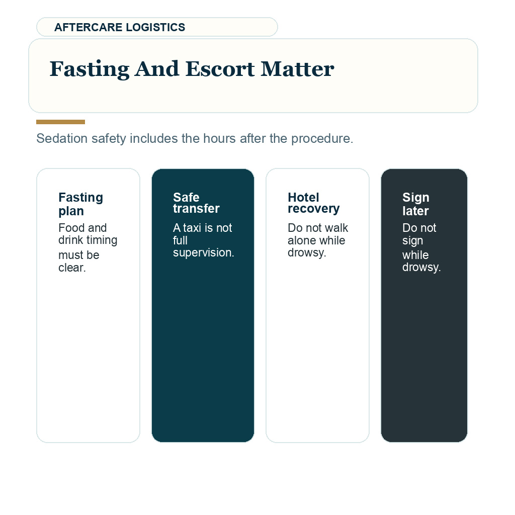 Information card explaining fasting and escort planning before hair transplant sedation