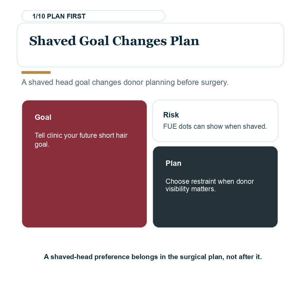 Shave head after hair transplant slide 1 explaining shaved goal changes plan.