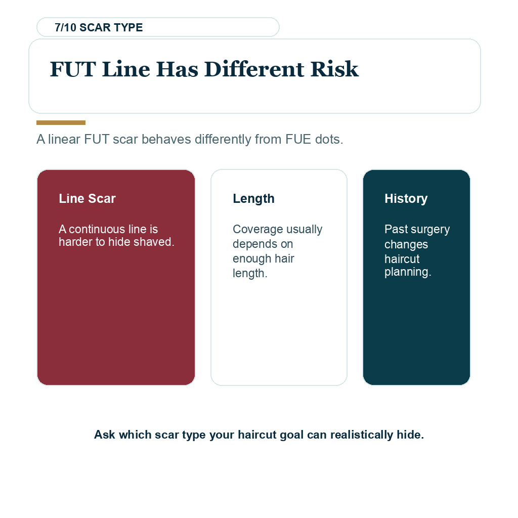Shave head after hair transplant slide 7 explaining fut line has different risk.