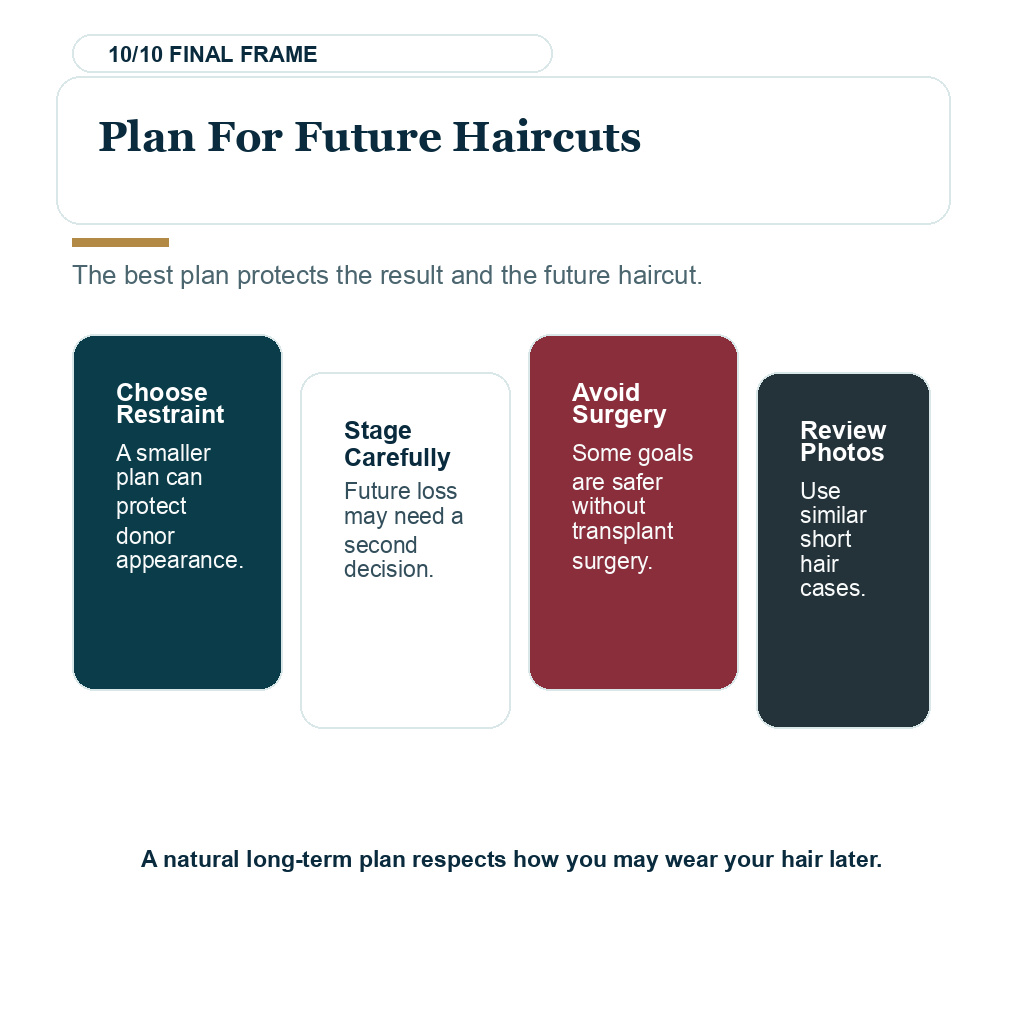 Shave head after hair transplant slide 10 explaining plan for future haircuts.