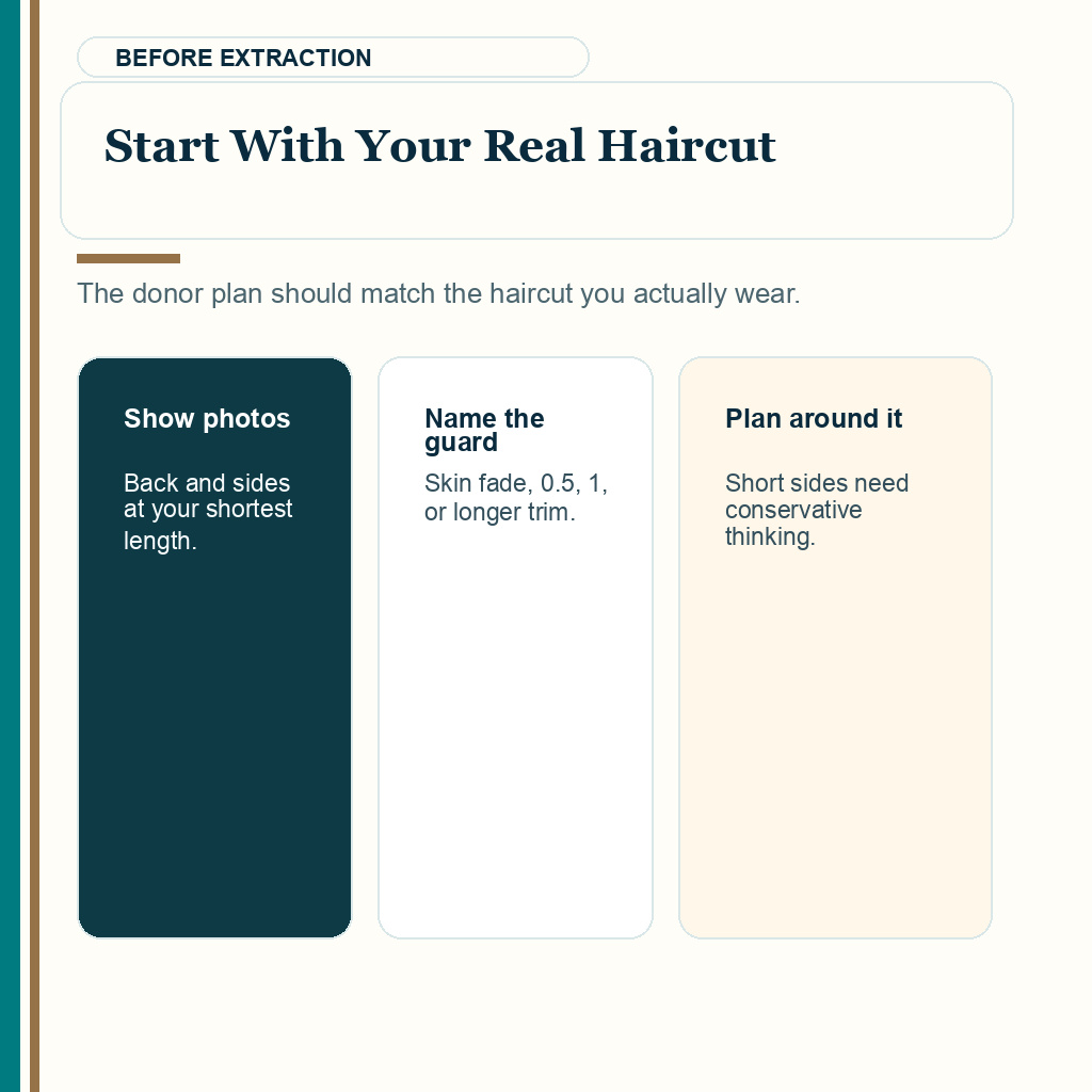 Short hair after FUE donor scars slide 1 explaining why the real haircut should guide donor planning