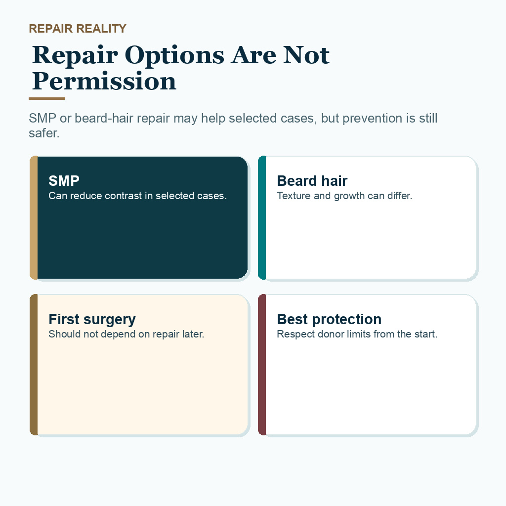 Short hair after FUE donor scars slide 9 explaining that SMP or beard hair repair options do not justify aggressive first surgery