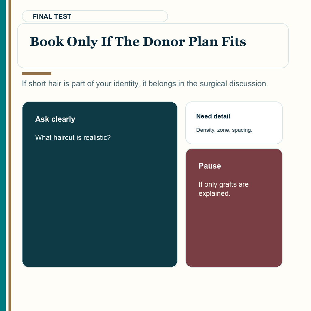 Short hair after FUE donor scars slide 10 explaining the final donor planning test before booking