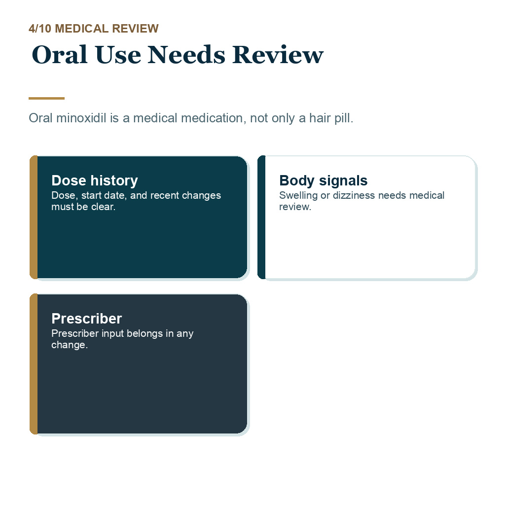 Minoxidil before hair transplant, oral use needs review.