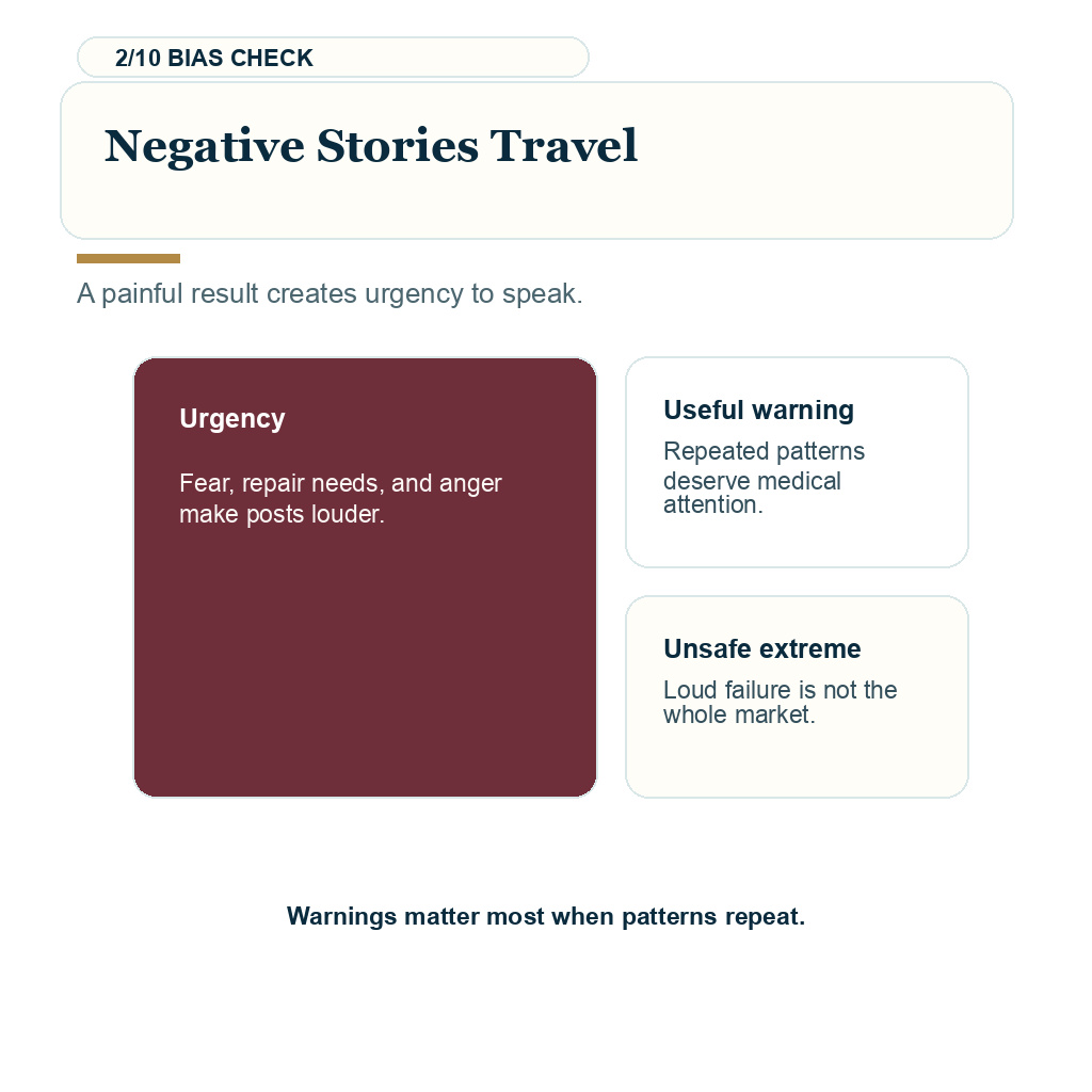 Silent success and negative bias, negative stories travel.