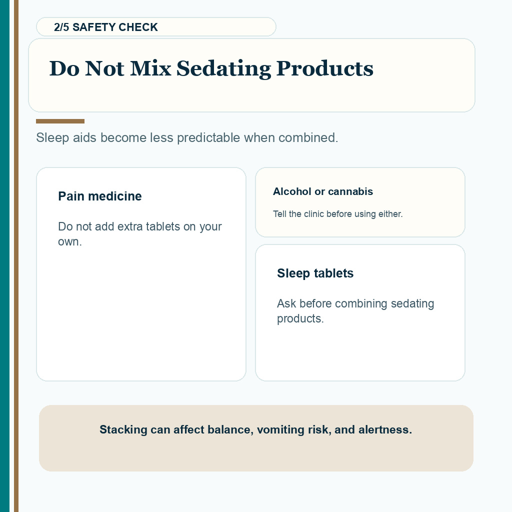 Sleepless nights after FUE carousel slide 2 about avoiding sedating product combinations.