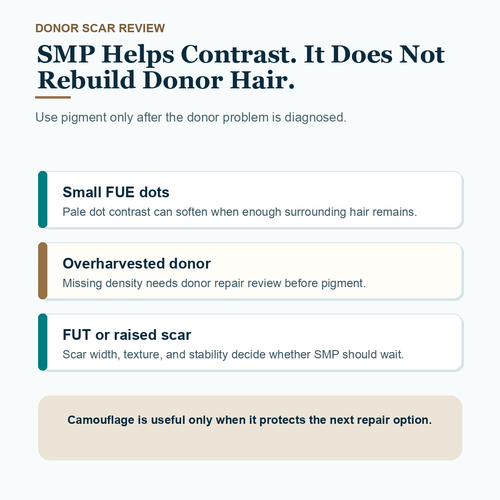 Support card explaining when SMP can soften donor scar contrast and when donor repair review should come first