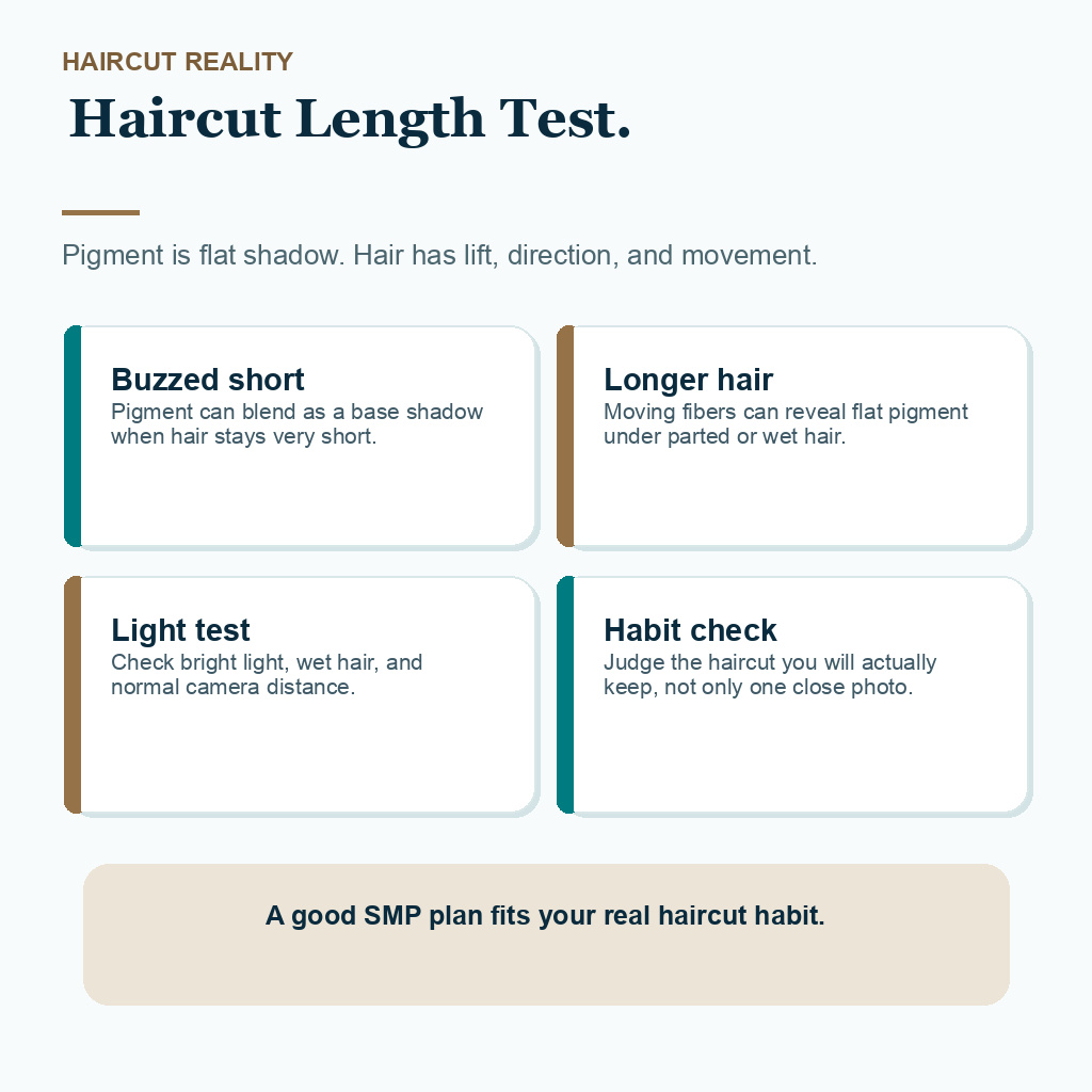 Support card explaining how haircut length affects scalp micropigmentation blending after hair transplant