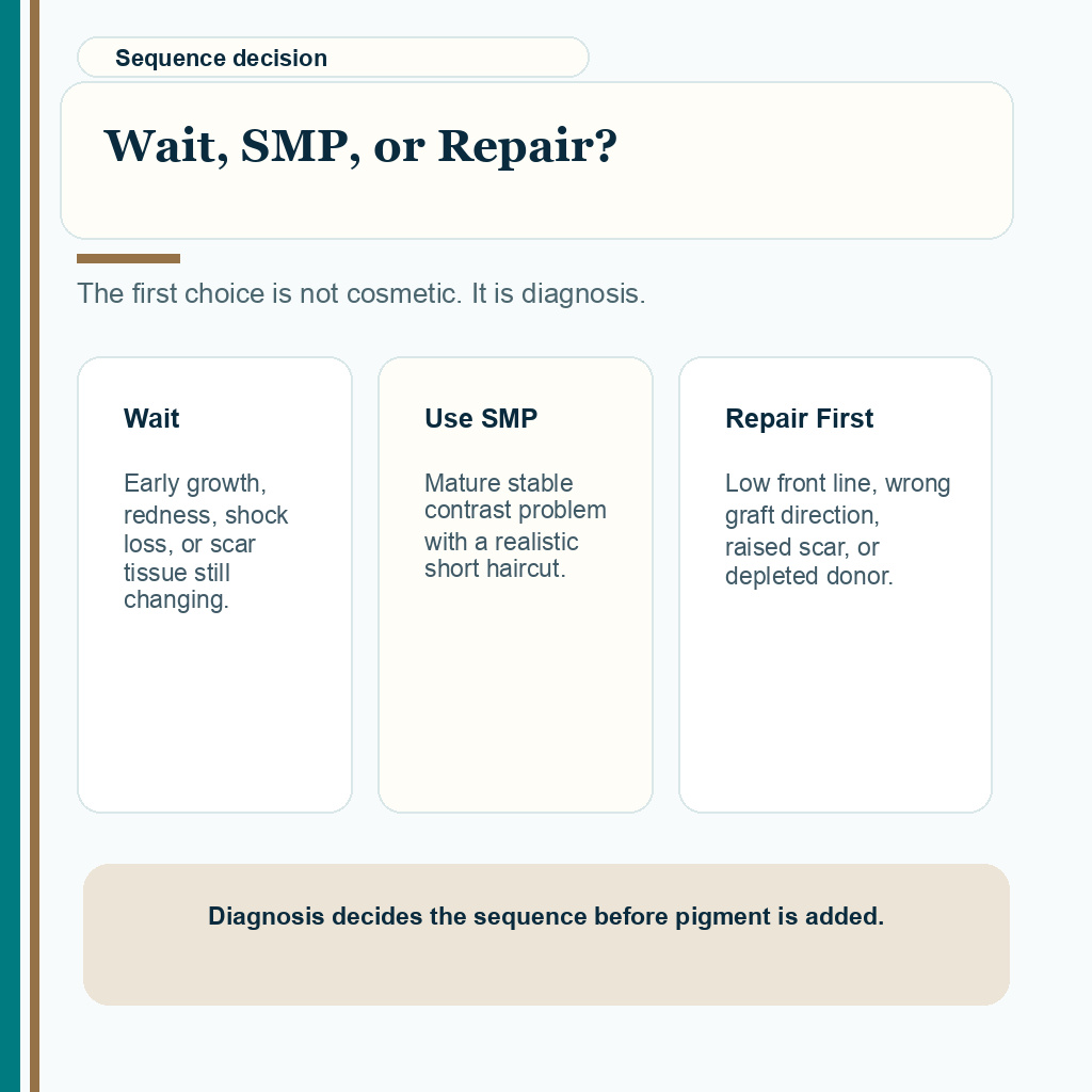 Support card comparing when to wait, use SMP, or repair first after a hair transplant concern