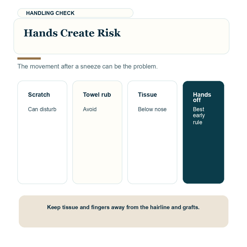 Sneezing and coughing after hair transplant carousel slide 3 about hands create risk.