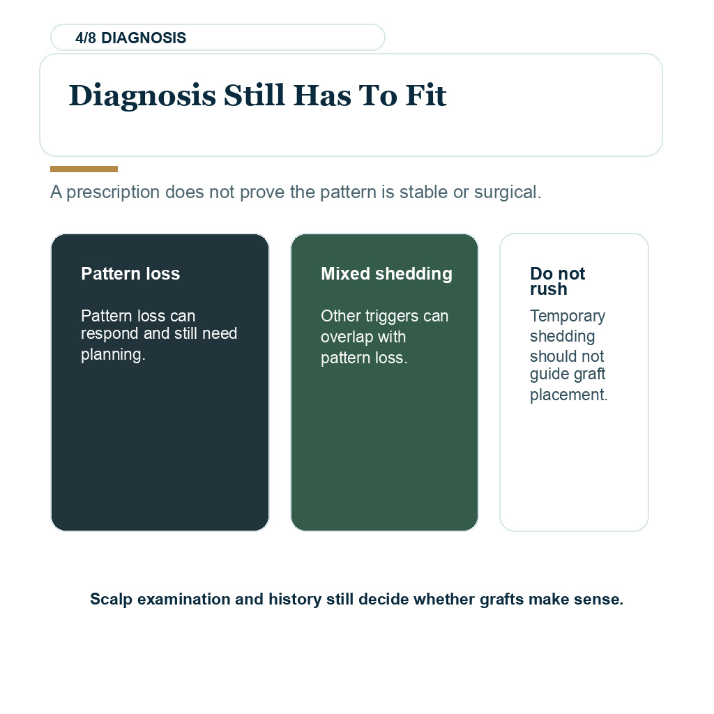 Diamond Hair Clinic spironolactone FUE planning, diagnosis still has to fit.