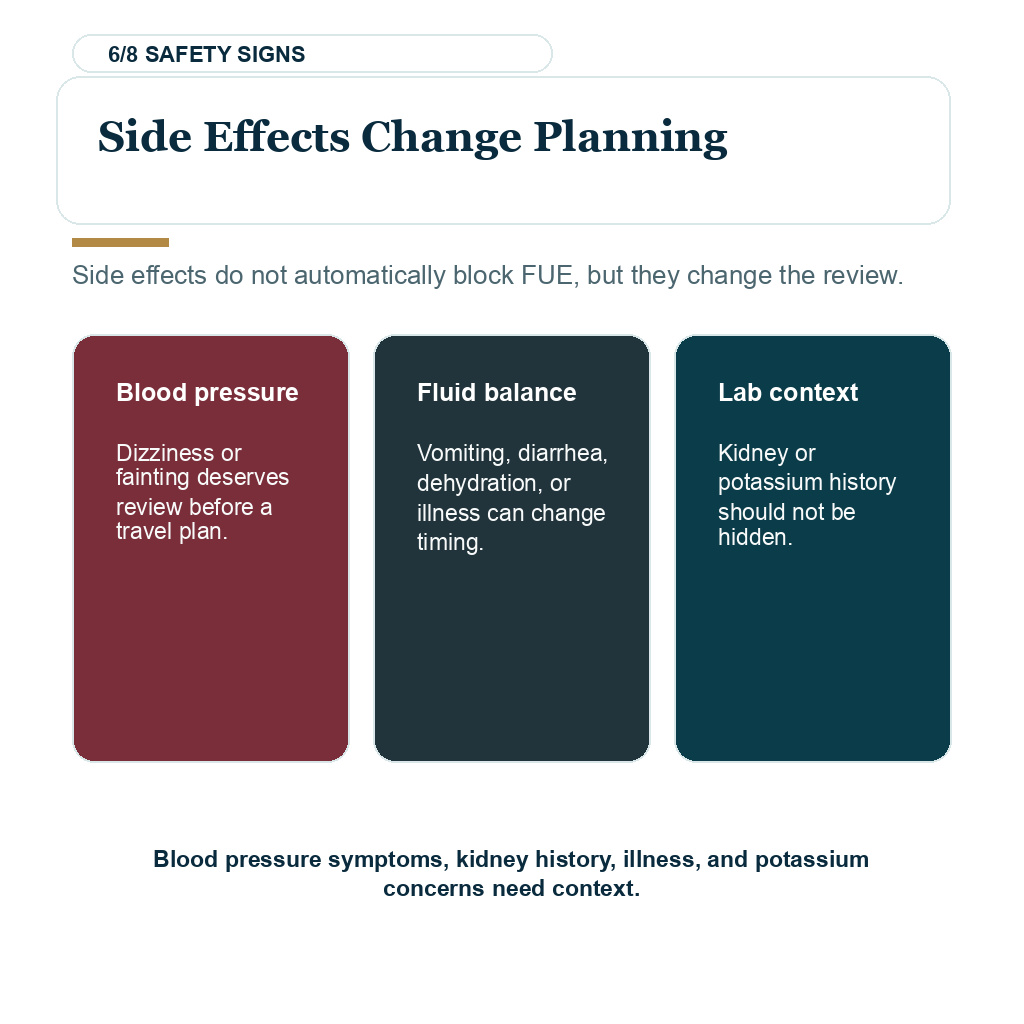 Diamond Hair Clinic spironolactone FUE planning, side effects change planning.
