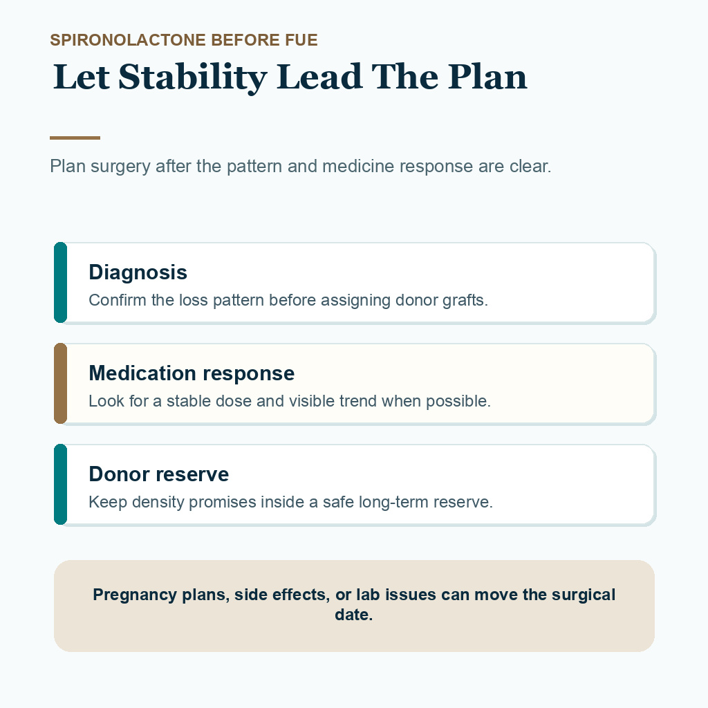 Information card explaining why diagnosis, medication response, donor reserve, and timing should be stable before FUE planning with spironolactone