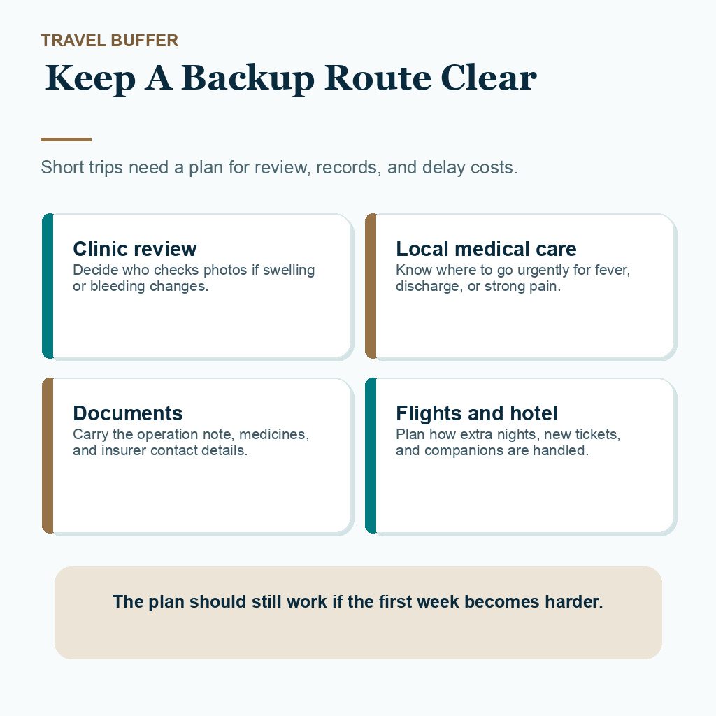 Information card explaining how clinic review, local care, documents, and travel changes should be planned before hair transplant travel