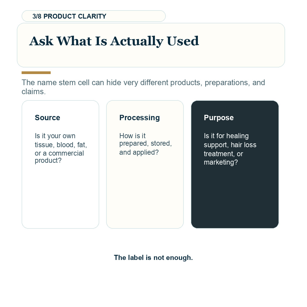 Stem cell add-ons hair transplant carousel slide 3 of 8 showing ask what is actually used guidance