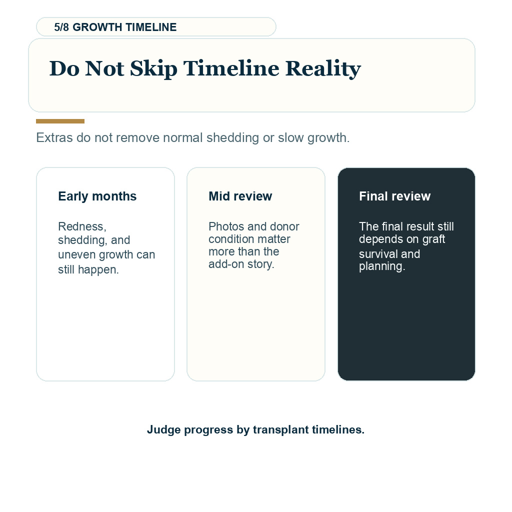 Stem cell add-ons hair transplant carousel slide 5 of 8 showing do not skip timeline reality guidance
