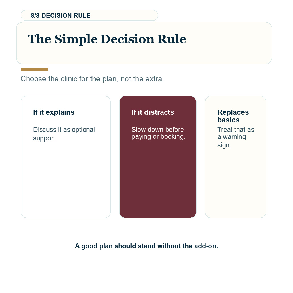 Stem cell add-ons hair transplant carousel slide 8 of 8 showing the simple decision rule guidance