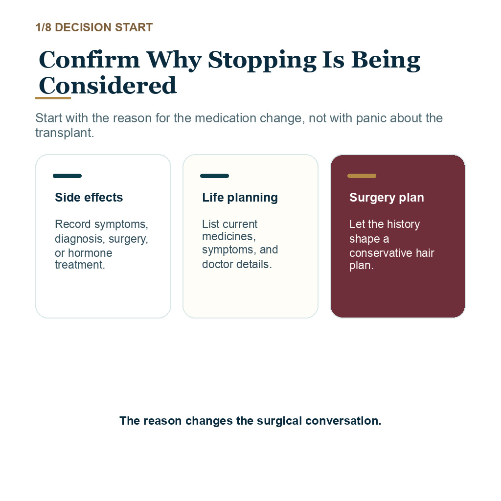 Stop finasteride after hair transplant, confirm why stopping is being considered.