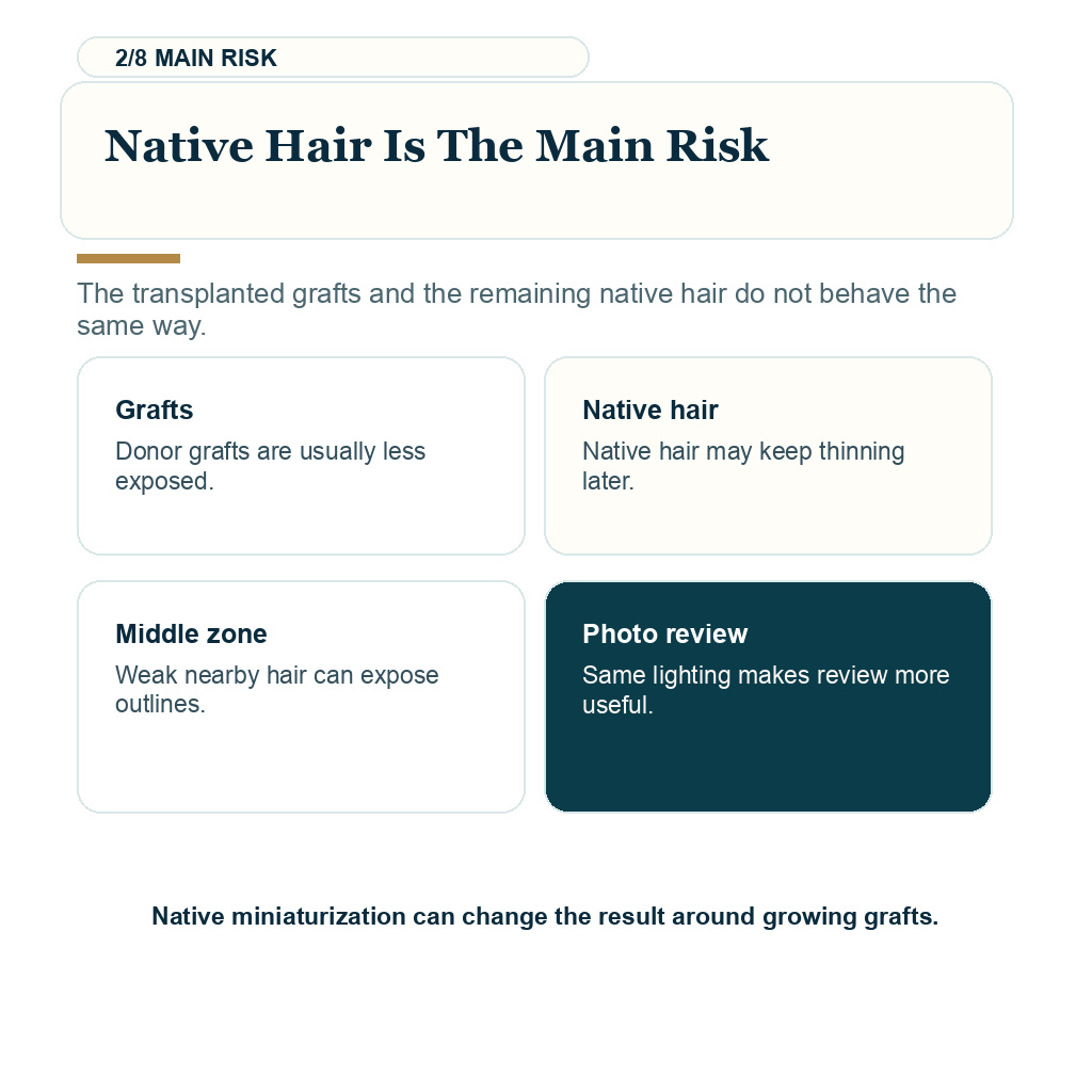 Stop finasteride after hair transplant, native hair is the main risk.