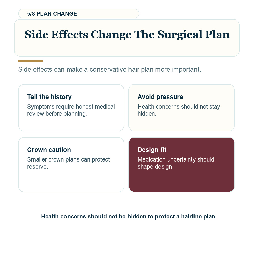 Stop finasteride after hair transplant, side effects change the surgical plan.